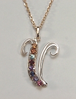 14KY letter V monogram with 8 gemstones